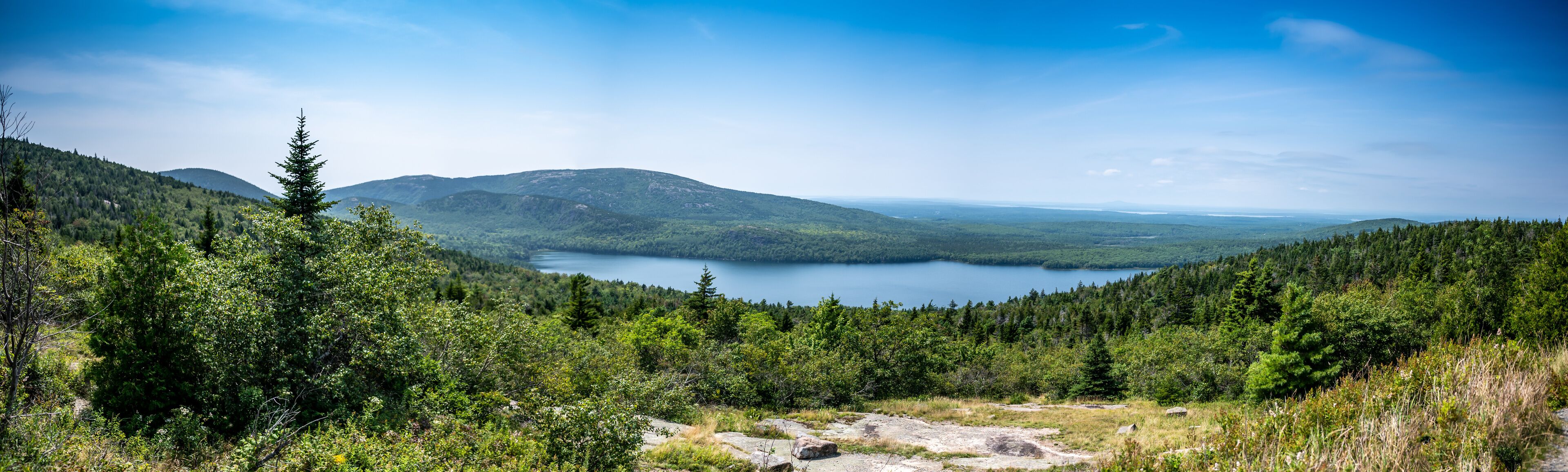 A mountainous landscape with a lake and dense forest.