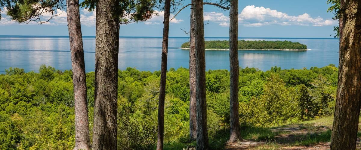 From beneath the shade provided by the pines, looking north over the calm waters of Green Bay, Nicolet Bay and Horseshoe Island from within Peninsula State Park, Fish Creek, Door County, Wisconsin
