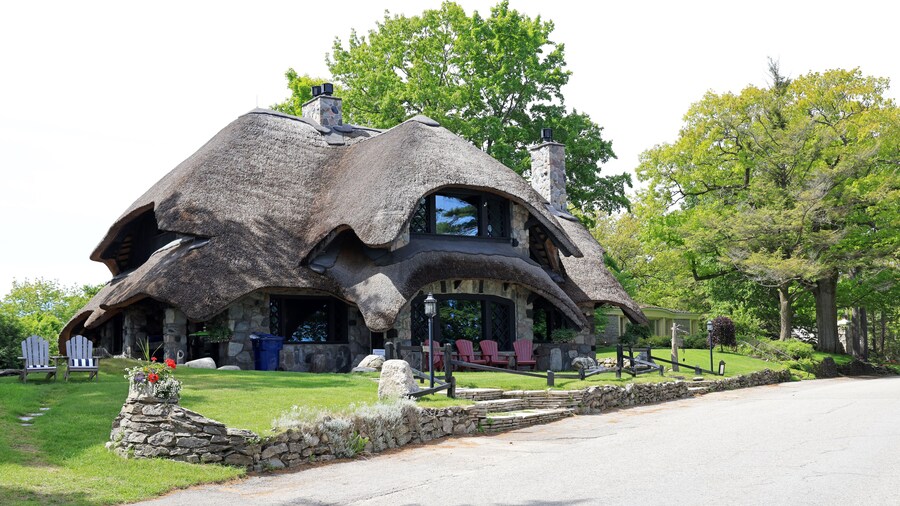 House with mushroom cap style roof in Charlevoix Michigan