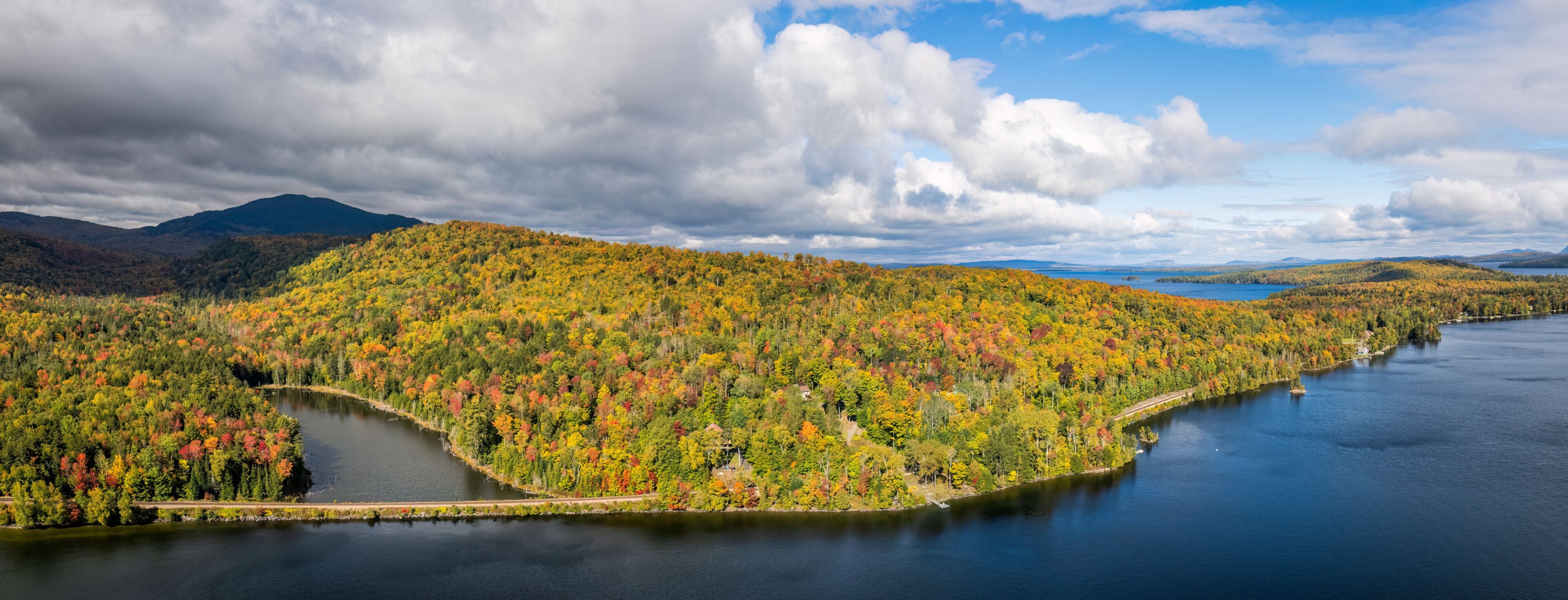 Fall Panorama at Moosehead Lake - Maine - Train tracks along the lakeshore