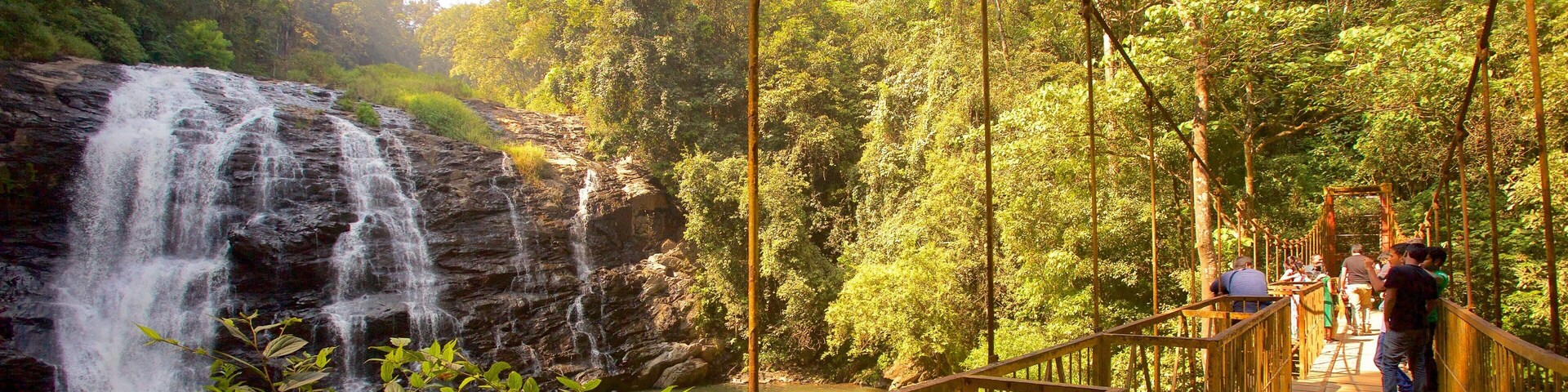 Madikeri ofreciendo una cascada y un puente colgante o pasarela