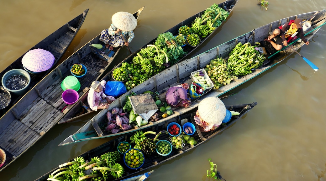 5 bunte Ruderboote von oben gesehen auf dem schwimmenden Markt Lok Baintan in Kalimantan