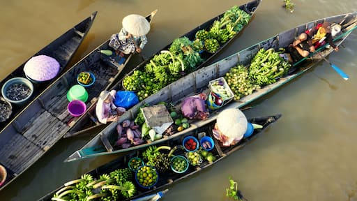 5 bunte Ruderboote von oben gesehen auf dem schwimmenden Markt Lok Baintan in Kalimantan
