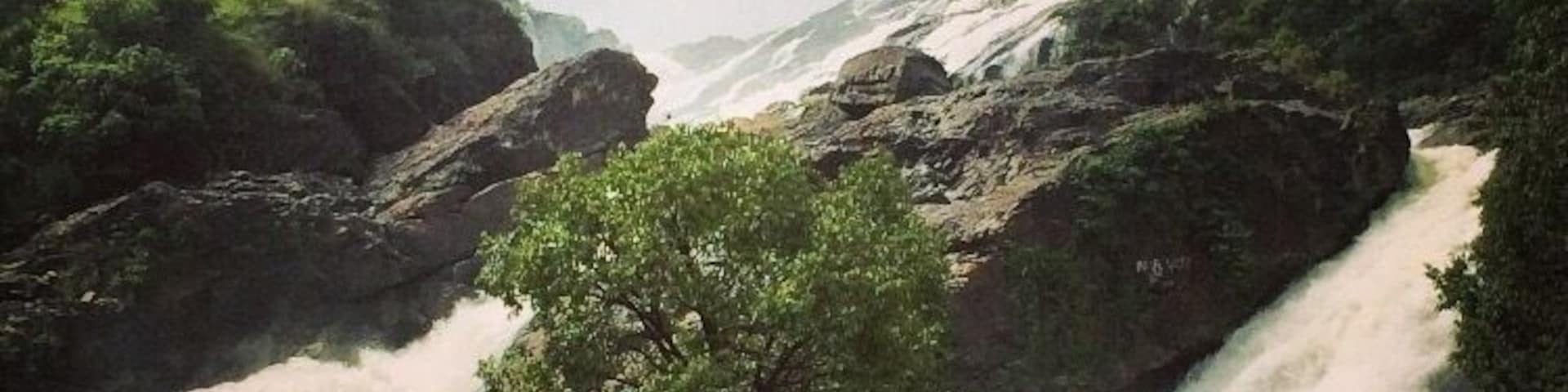 Una cascada que se precipita sobre terreno rocoso, con abundante vegetación y una masa de agua en primer plano.