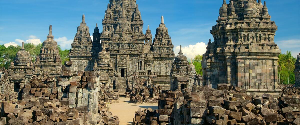 A temple complex with multiple stone structures and ruins.