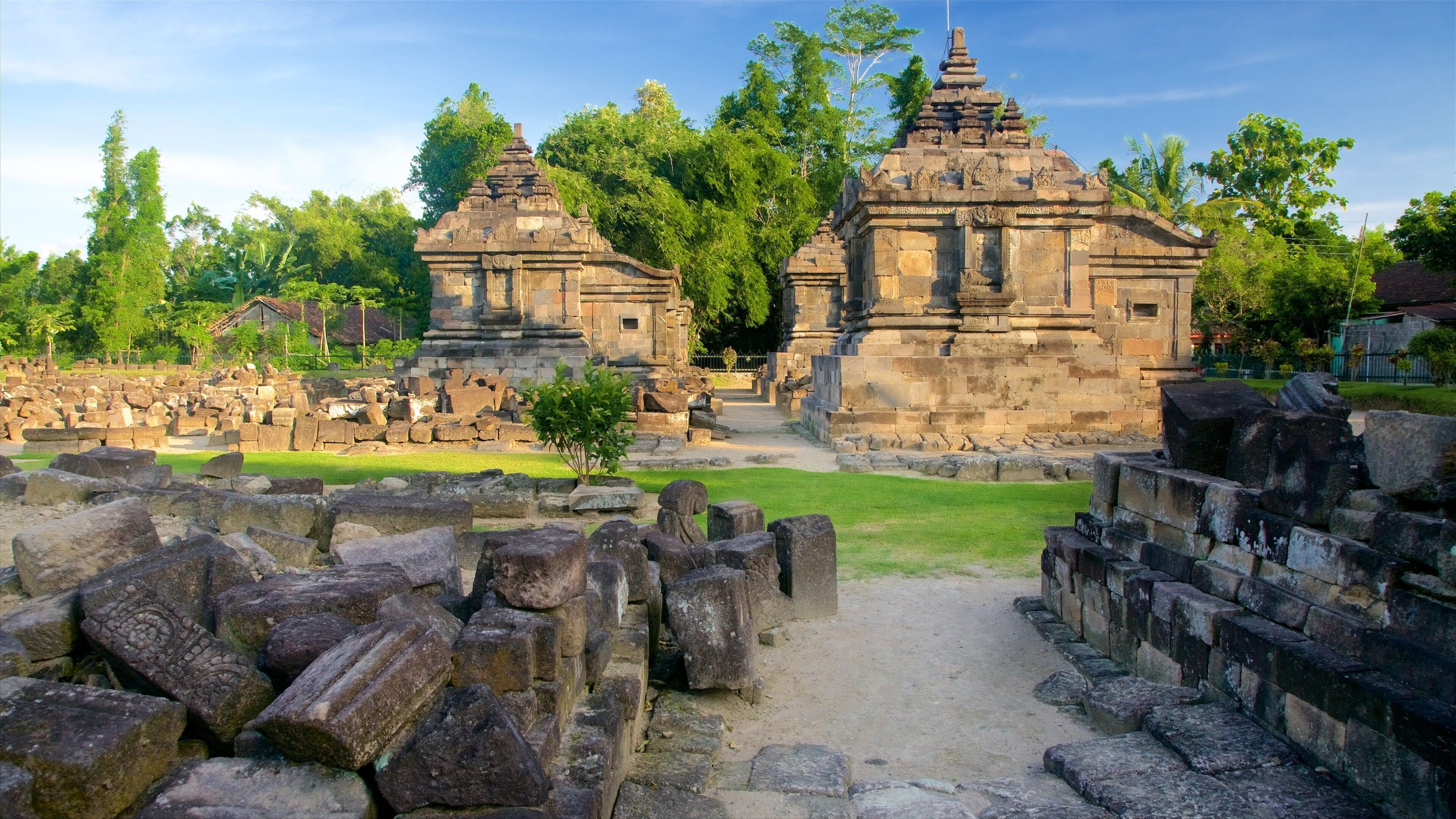 Ancient stone ruins with intricate carvings, surrounded by lush greenery and trees.