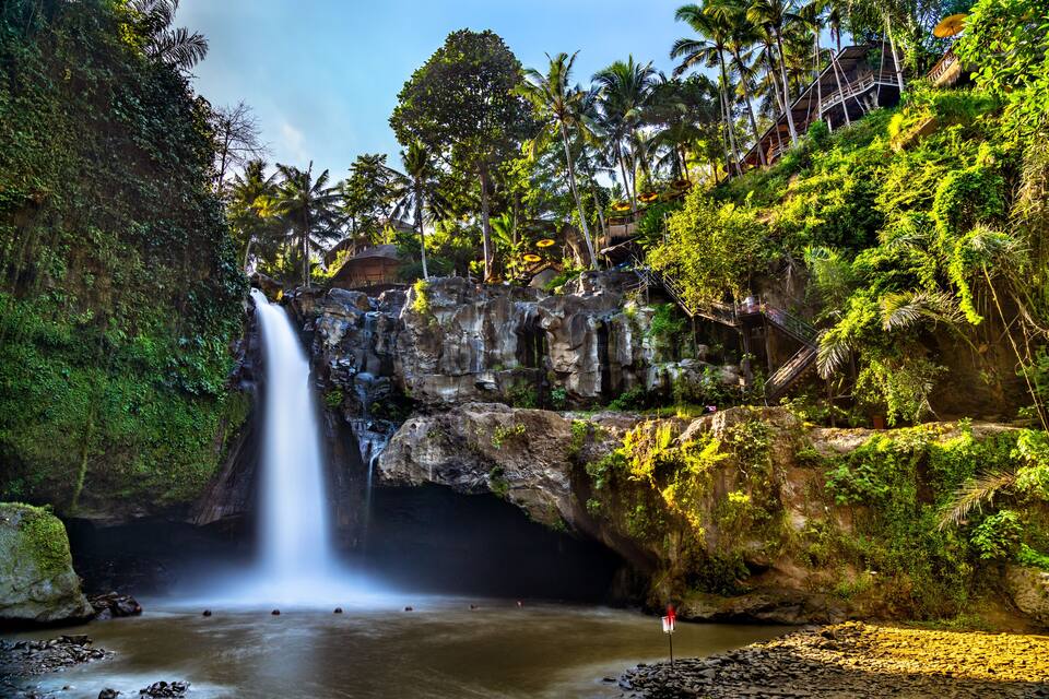 A waterfall cascading over a rocky cliff into a river, surrounded by lush greenery and palm trees.