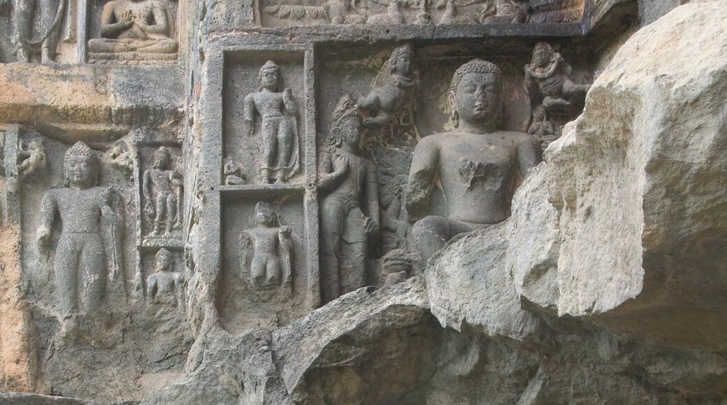 India, Aurangabad, Ajanta Caves, exterior carvings