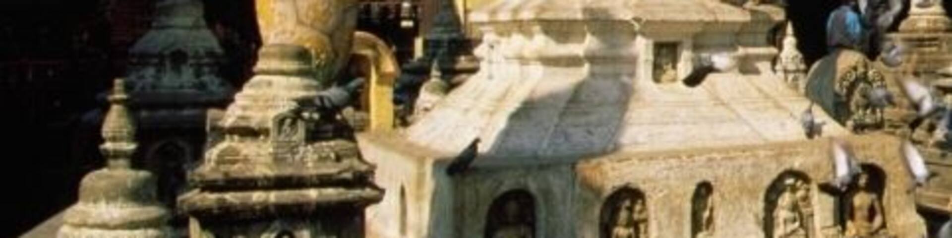 Pigeons in front of a temple, Monkey Temple, Katmandu, Nepal