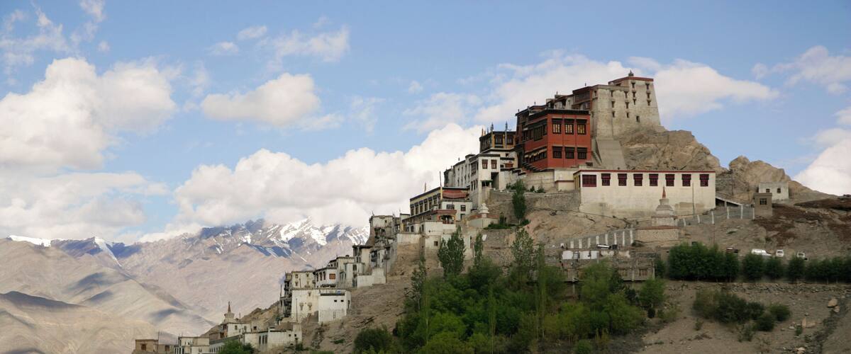 India, Ladakh, Thikse Monastery atop hill, low angle view