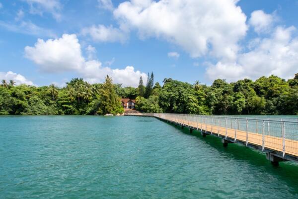 A bridge over a turquoise lake, surrounded by dense green forest and a clear blue sky.