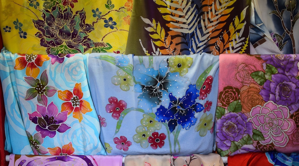 Selection of Malaysia batik in silk fabric on display in Pasar Payang, Kuala Terengganu, Malaysia.