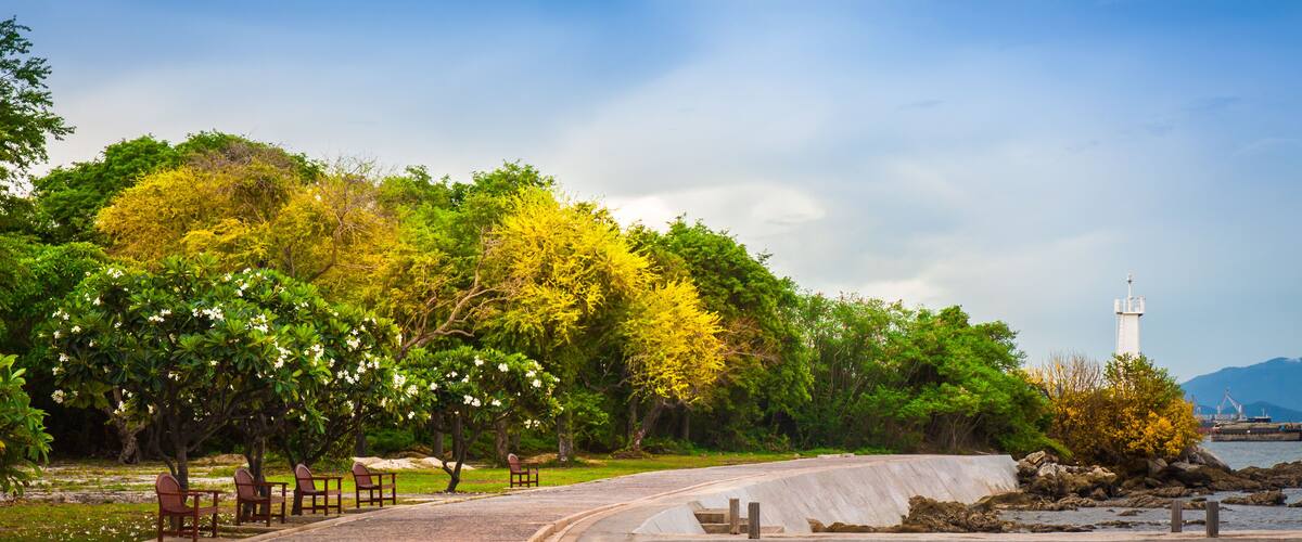 A coastal park with a curved pathway, benches, and a lighthouse in the background.