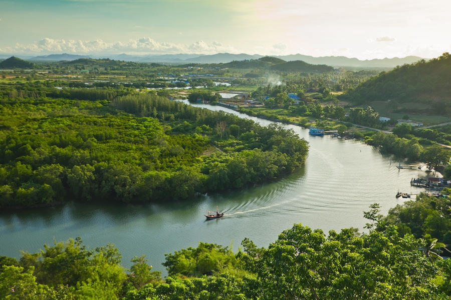 viewpoint of fishing boat on pranburi river,thailand