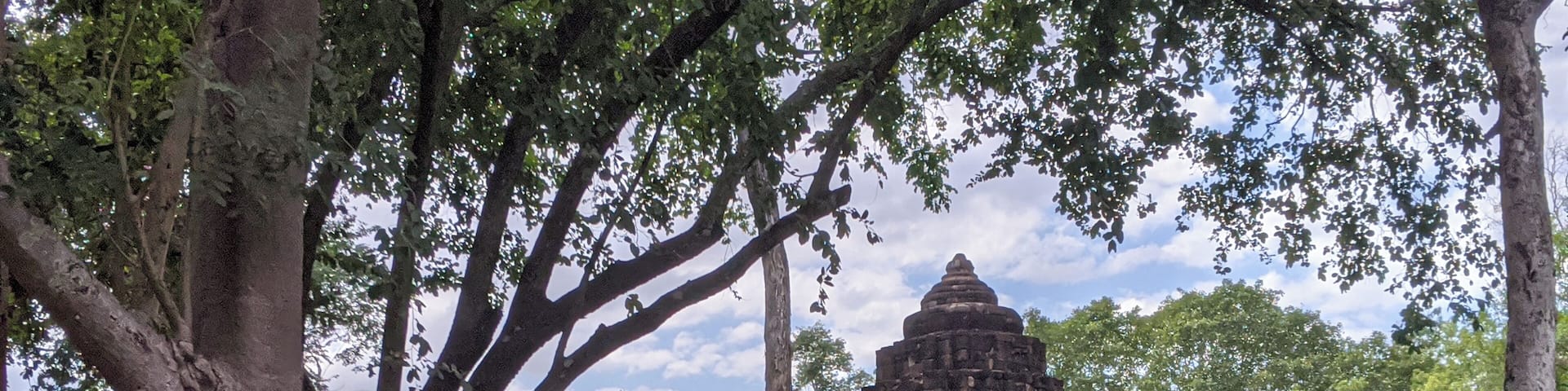 Un templo antiguo con árboles grandes al frente y un cielo despejado al fondo.