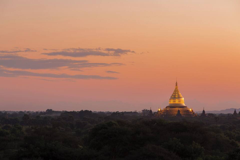 A golden pagoda at sunset with a forested foreground and a clear sky.