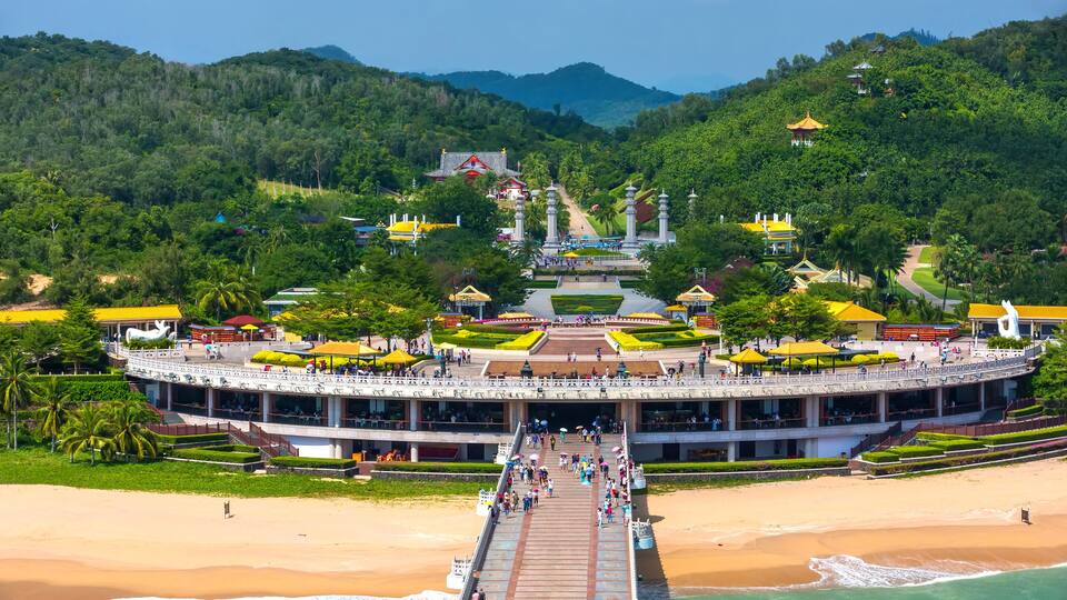 Nanshan Buddhist Cultural Park, Sanya, Hainan Island, China. The bridge leads to a Buddha statue.