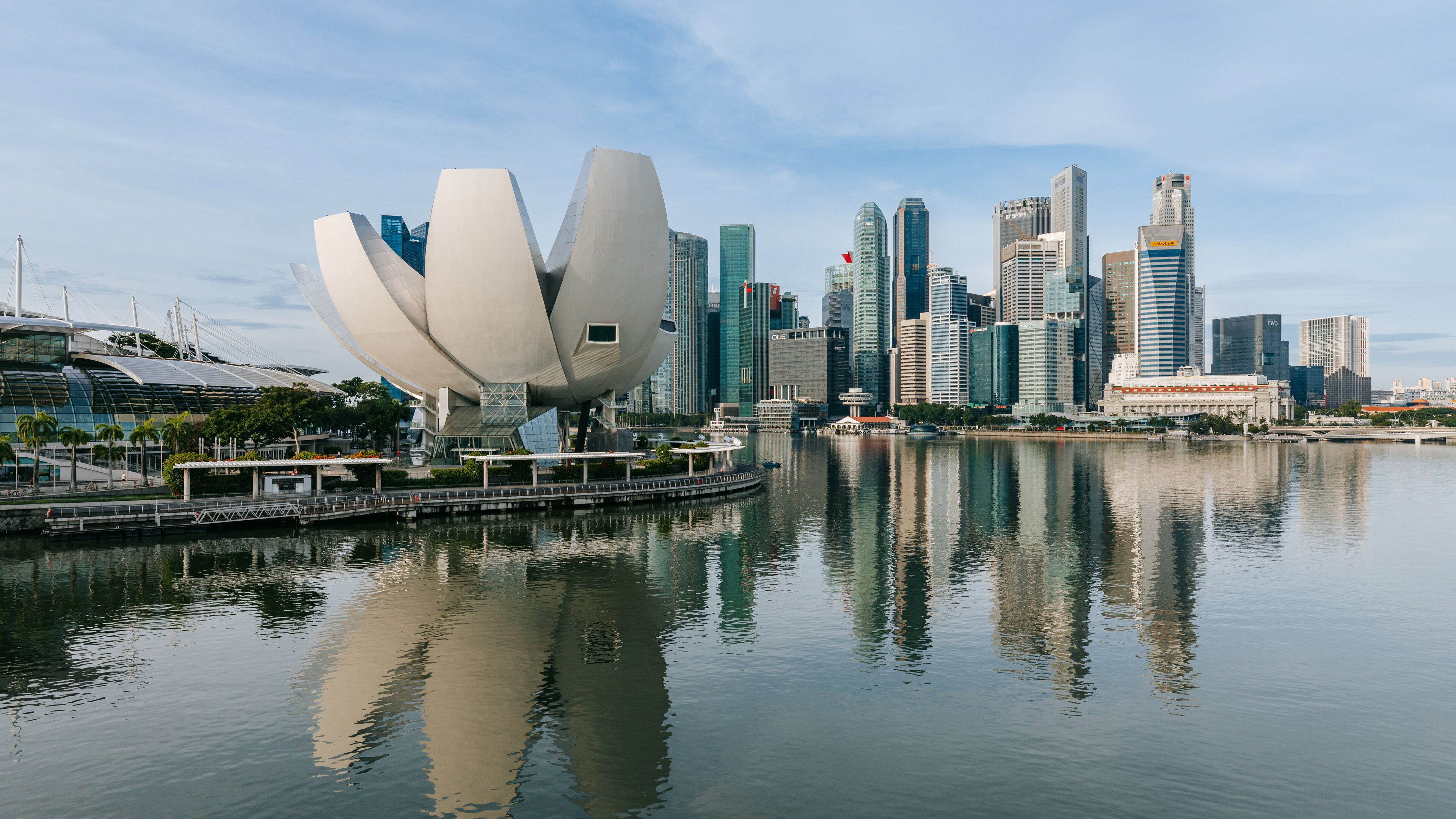 Helix Bridge which includes a bay or harbor, a city and modern architecture