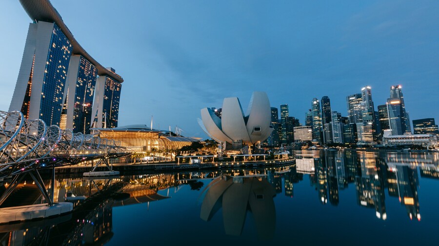 Helix Bridge showing night scenes, a city and a bay or harbor
