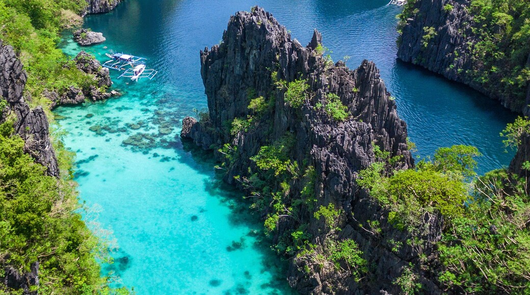 El Nido in Palawan, Philippines, aerial view of beautiful lagoon and limestone cliffs.
