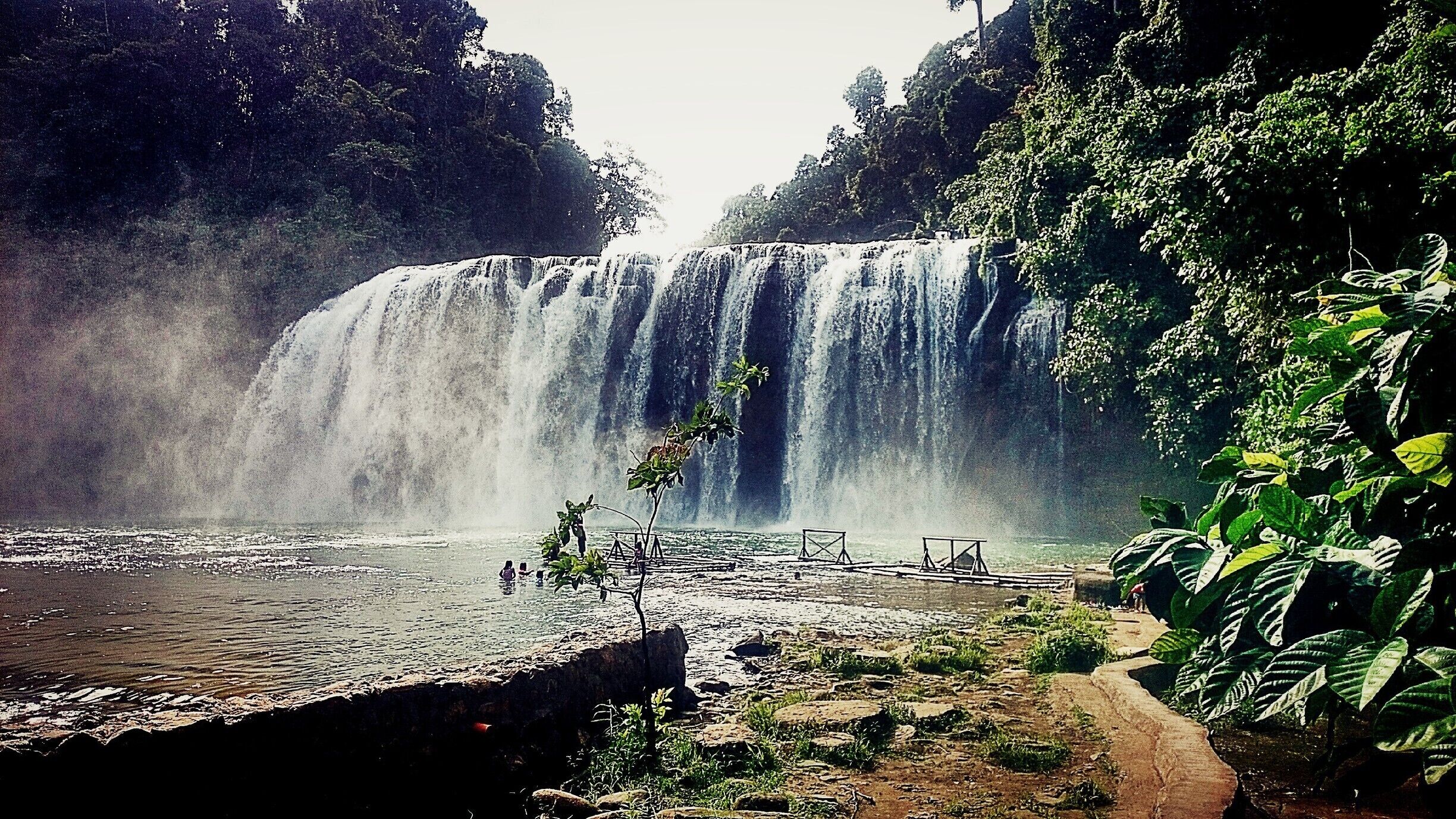 A waterfall cascading into a river surrounded by lush greenery.