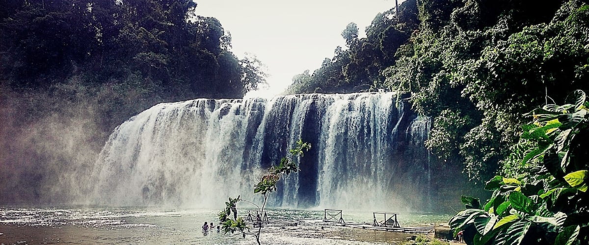 A waterfall cascading into a river surrounded by lush greenery.