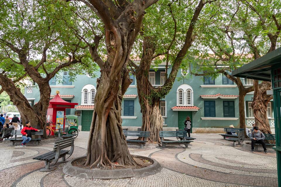 A park with large trees, benches, and a traditional building with green walls and white windows.