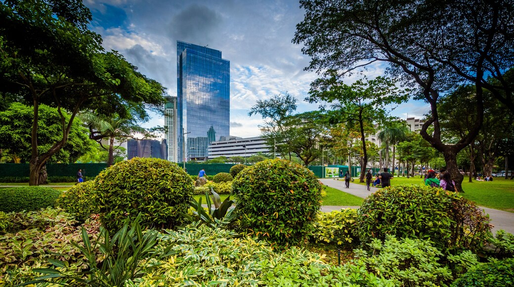 Gardens and skyscrapers seen at Ayala Triangle Park, in Makati,