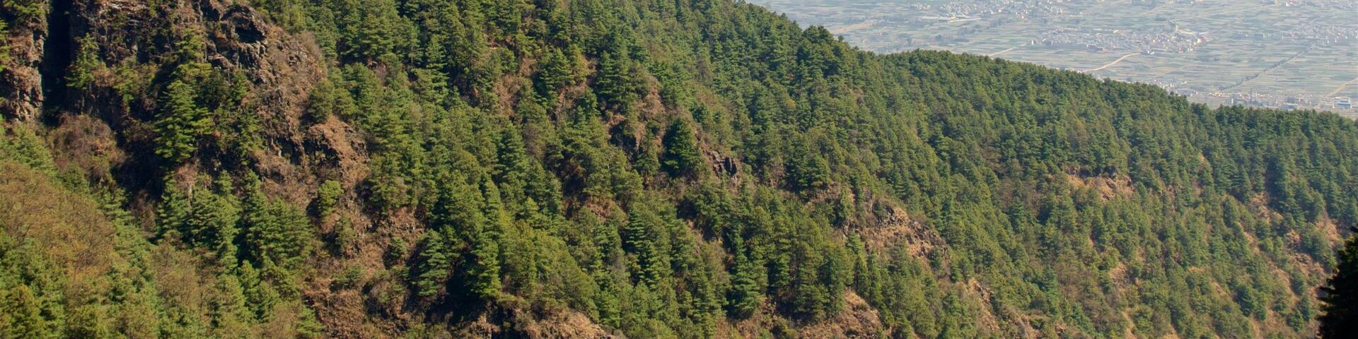 A mountainous landscape with dense forests and a distant cityscape.