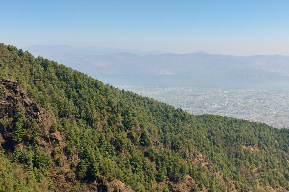 Paisatge de muntanyes, amb boscos densos i una ciutat a la distància.