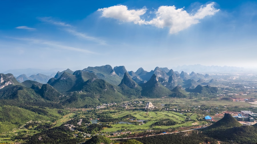 aerial view of guilin hills with blue sky,beautiful karst landscape