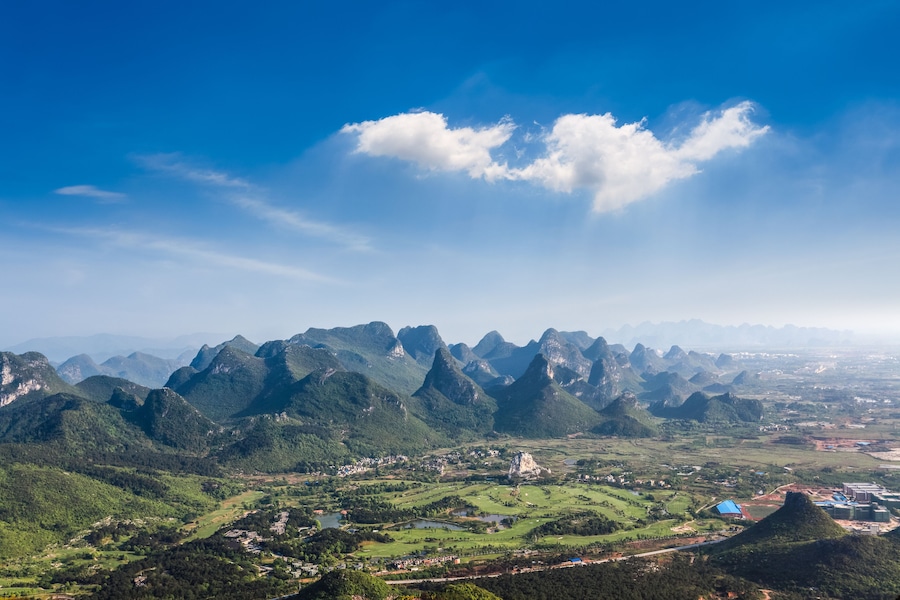 aerial view of guilin hills with blue sky,beautiful karst landscape