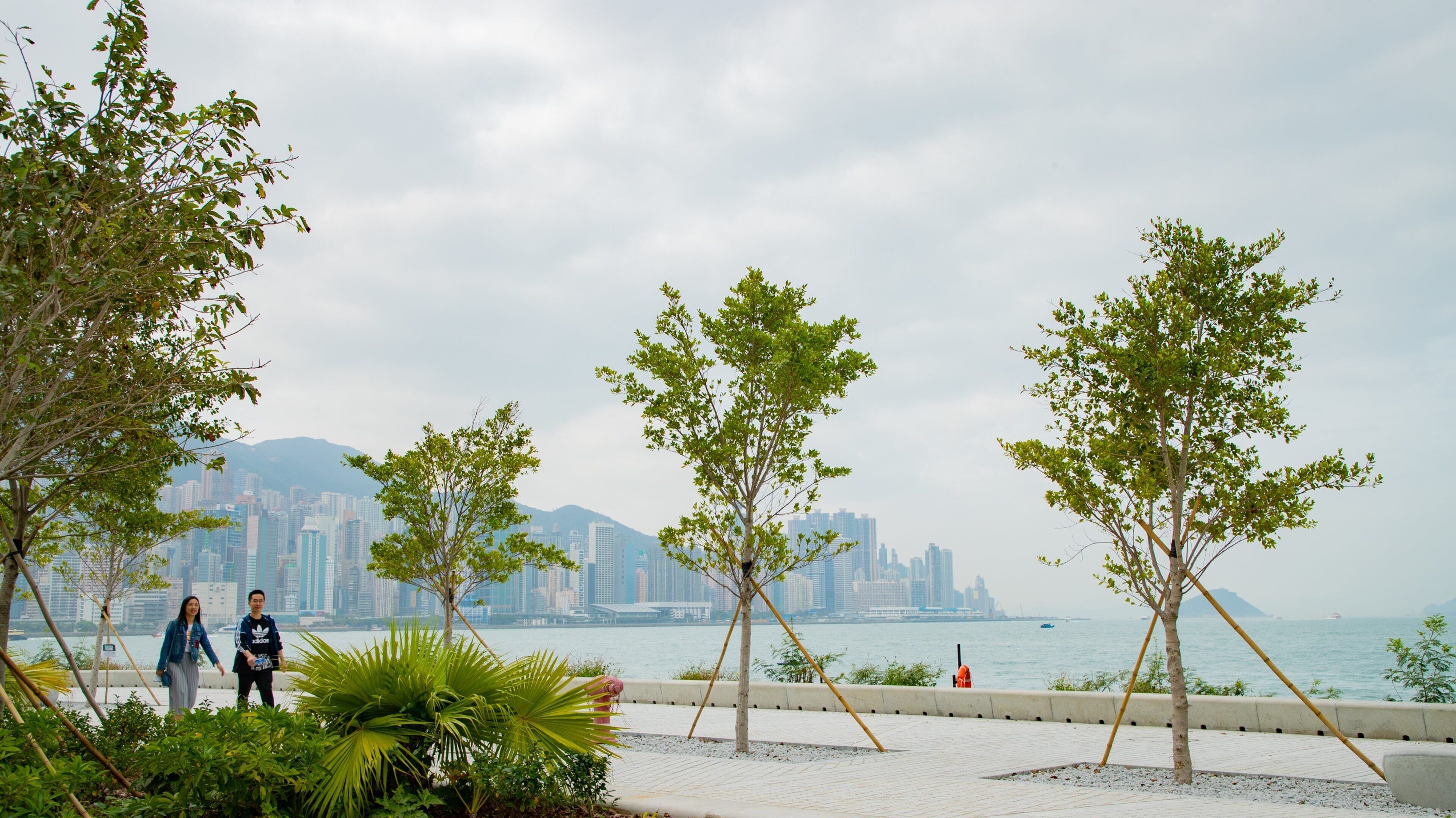 Kowloon West Promenade which includes a park and a bay or harbor as well as a couple