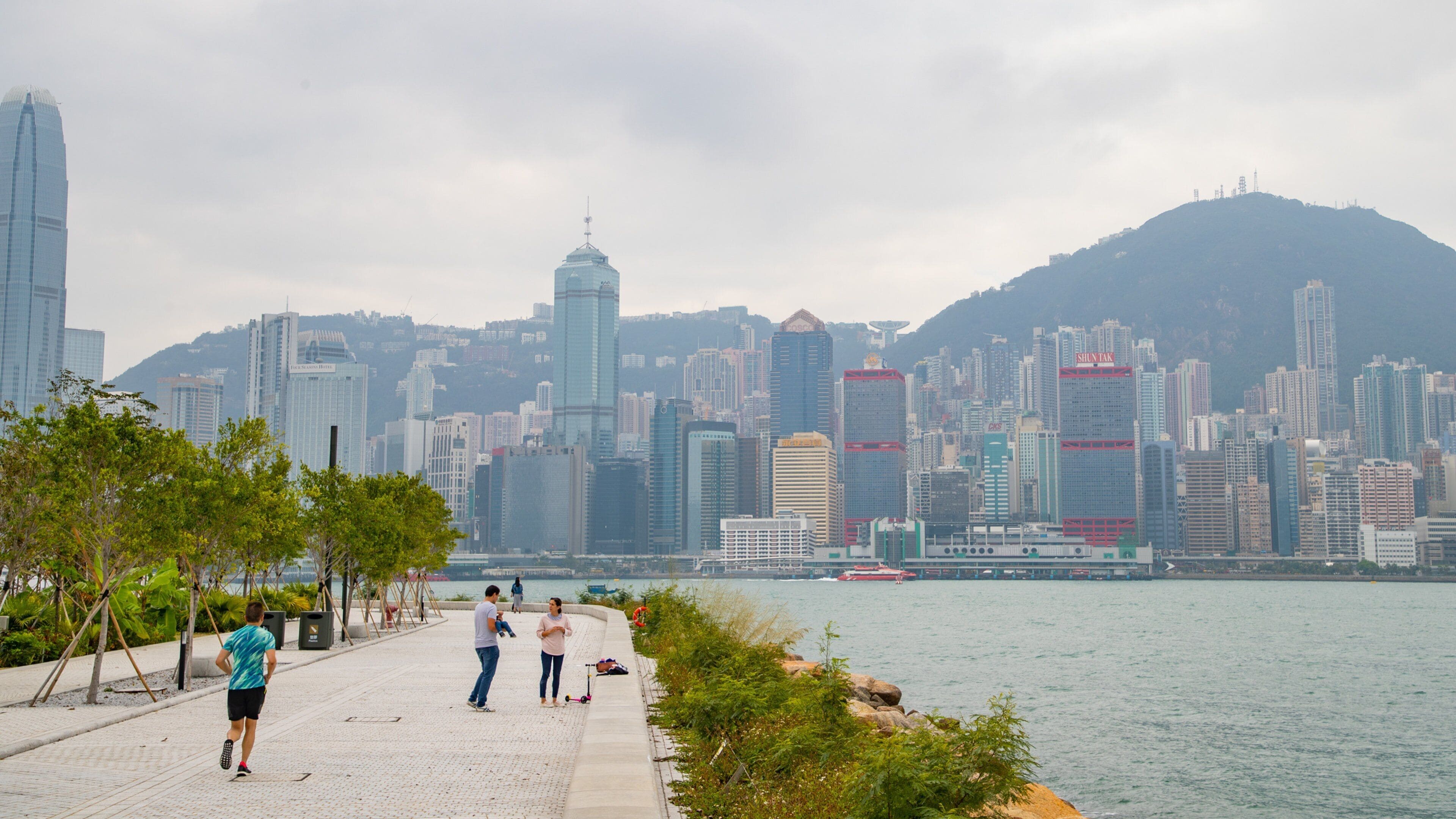 Kowloon West Promenade showing a city and a bay or harbor