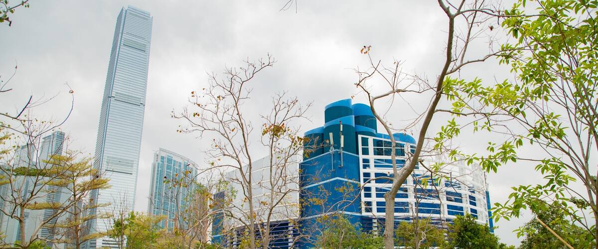 Kowloon West Promenade showing a skyscraper