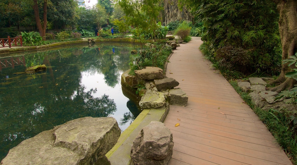 Baihuatan Park which includes a garden and a pond