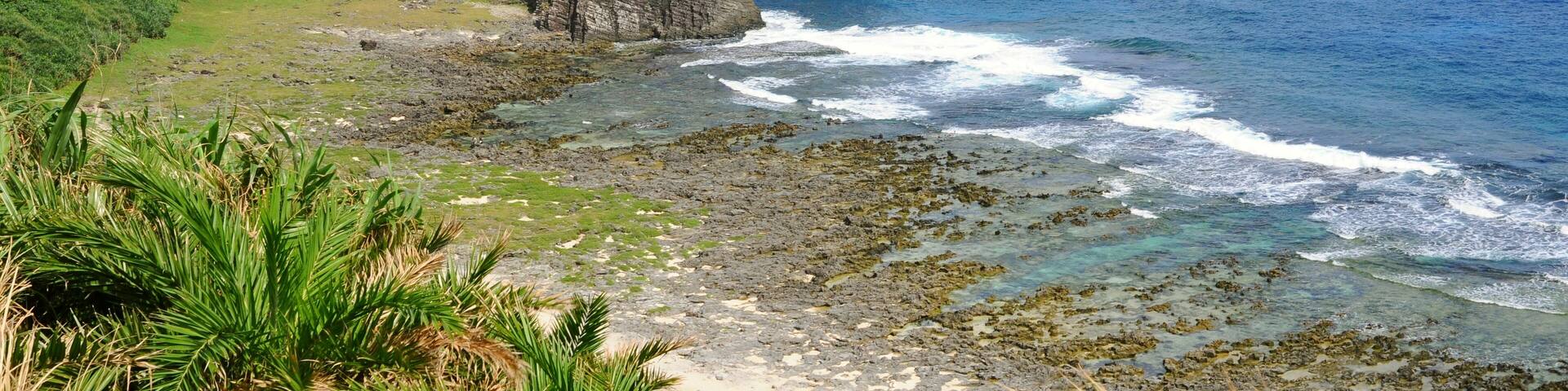 Un paisaje costero con acantilados rocosos, vegetación verde y aguas azules cristalinas.
