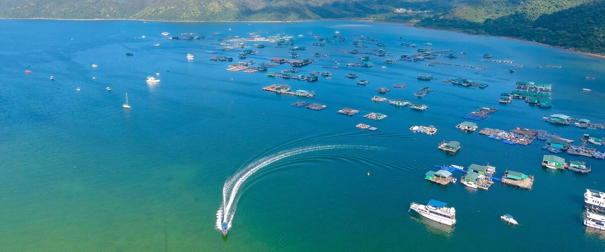 An aerial view of a coastal area with numerous boats and floating structures, surrounded by lush green mountains.