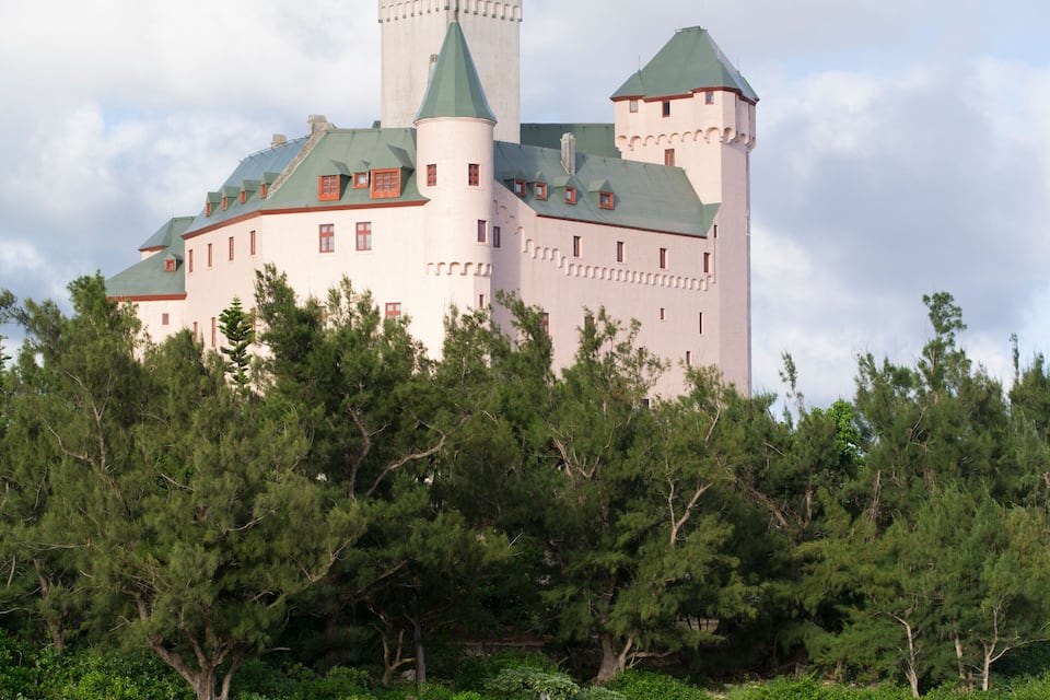 A castle with a tower, surrounded by trees and a body of water.