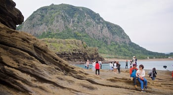 Yongmeori Coast featuring rocky coastline and general coastal views as well as a small group of people