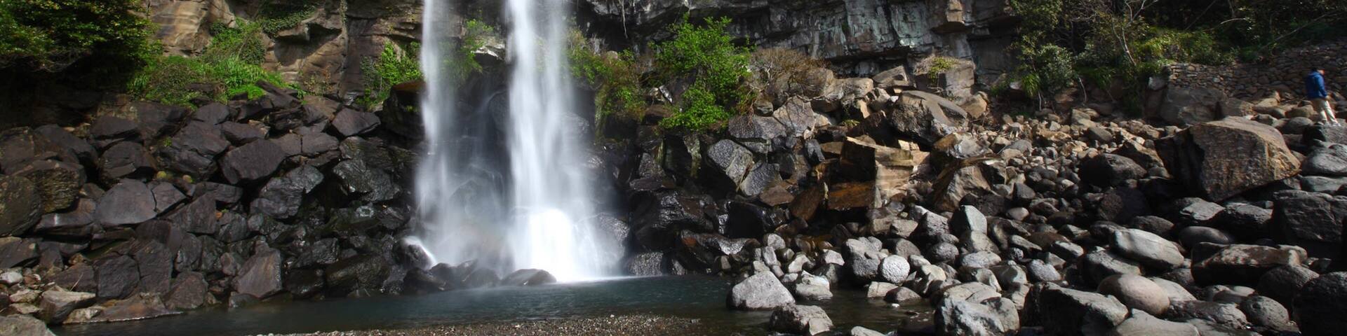 Una cascada se precipita por un acantilado rocoso rodeado de follaje.