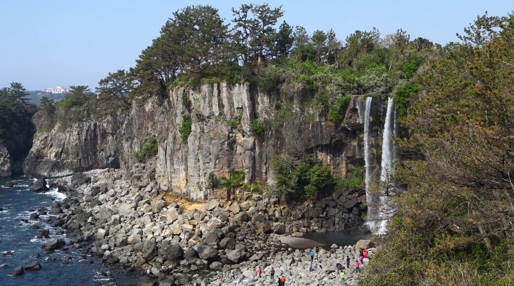 Jeongbang Waterfall which includes general coastal views, rugged coastline and a waterfall