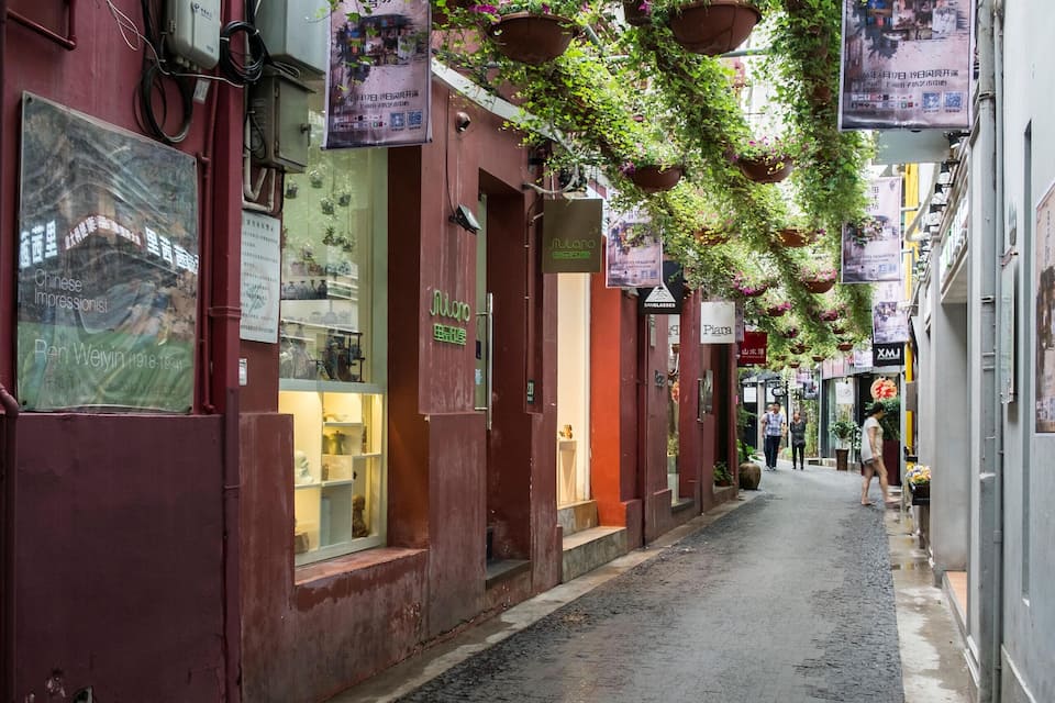 A narrow cobblestone street lined with buildings, some with hanging plants and signs.