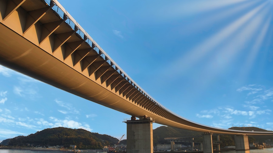 Ushibuka Haiya Bridge with sea and mountain in Amakusa,Kumamoto