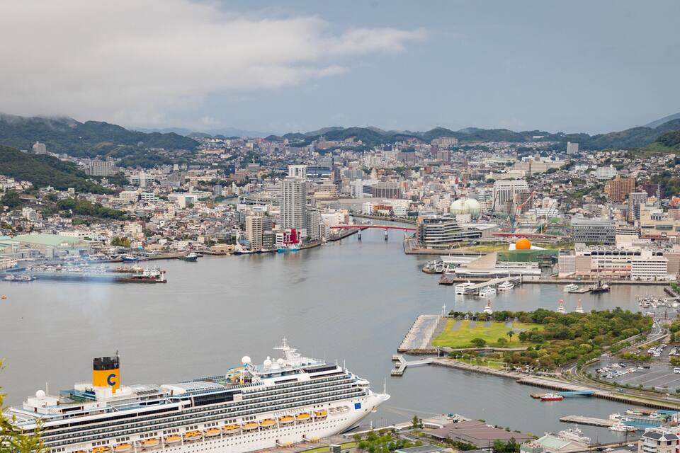 Ett kryssningsfartyg låg förtöjt vid en hamn med en stadsbild som bakgrund.