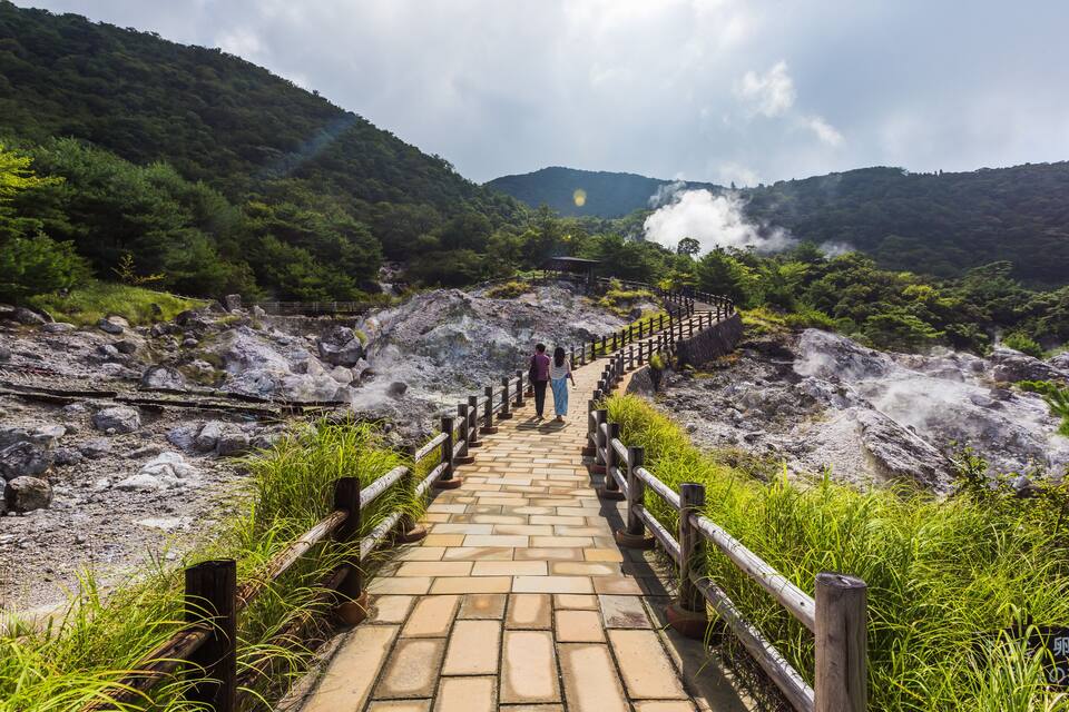 A stone pathway leading uphill with wooden railings, surrounded by lush greenery and a mountainous backdrop.