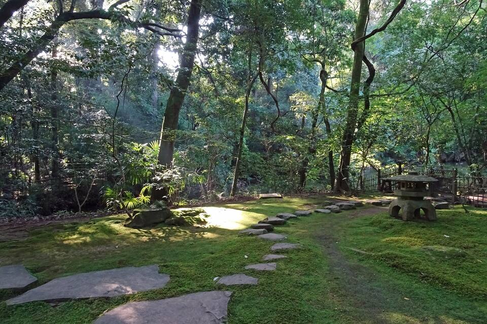 A forested area with a stone pathway, mossy grass, and a traditional stone lantern.