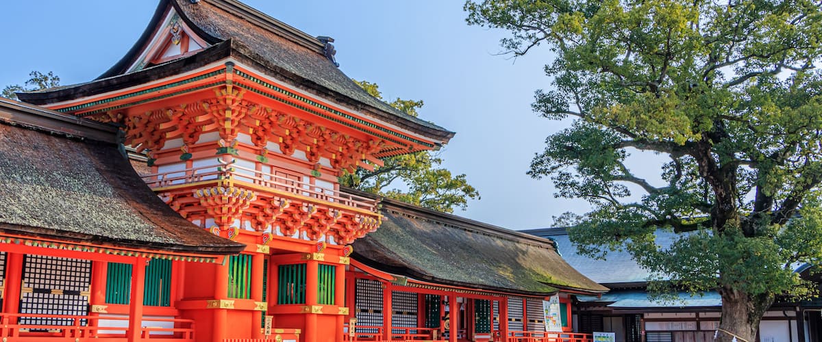 A traditional Japanese building with red and green accents, a large tree in the foreground, and a clear blue sky.