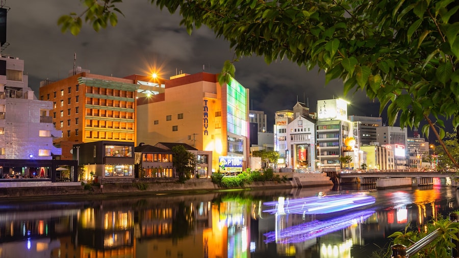 Yatai featuring a city, a river or creek and night scenes