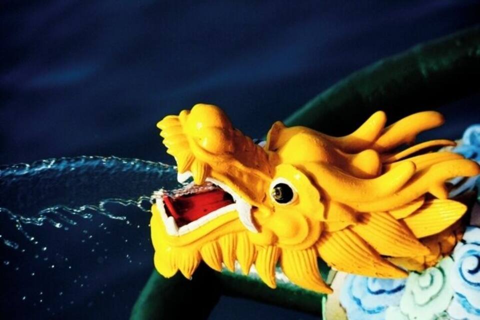 Ein Detailaufnahme eines gelben Drachenkopfes mit rotem Innenraum vor dunklem Hintergrund.